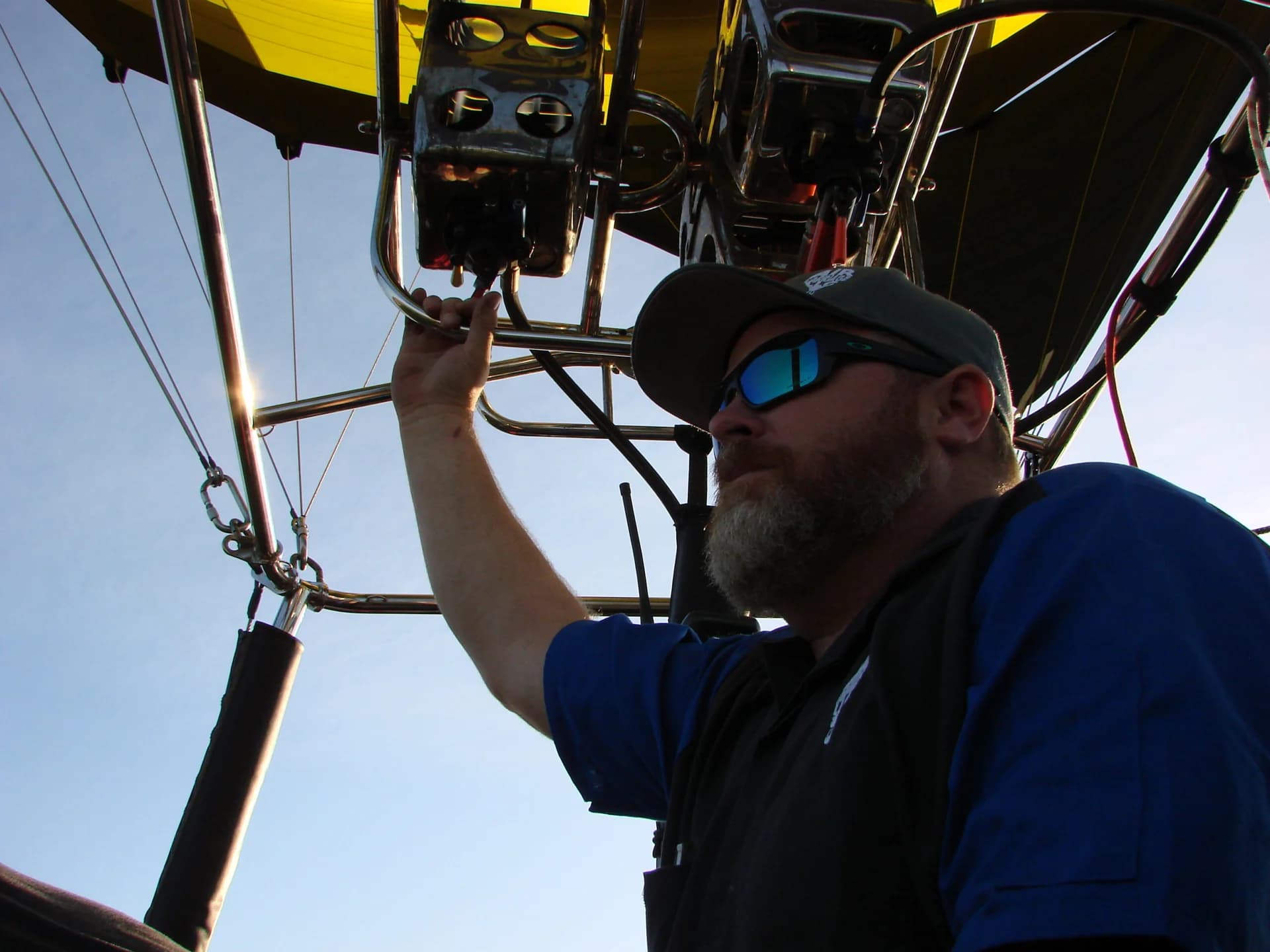 Pilot Art Moller at the controls of a hot-air balloon